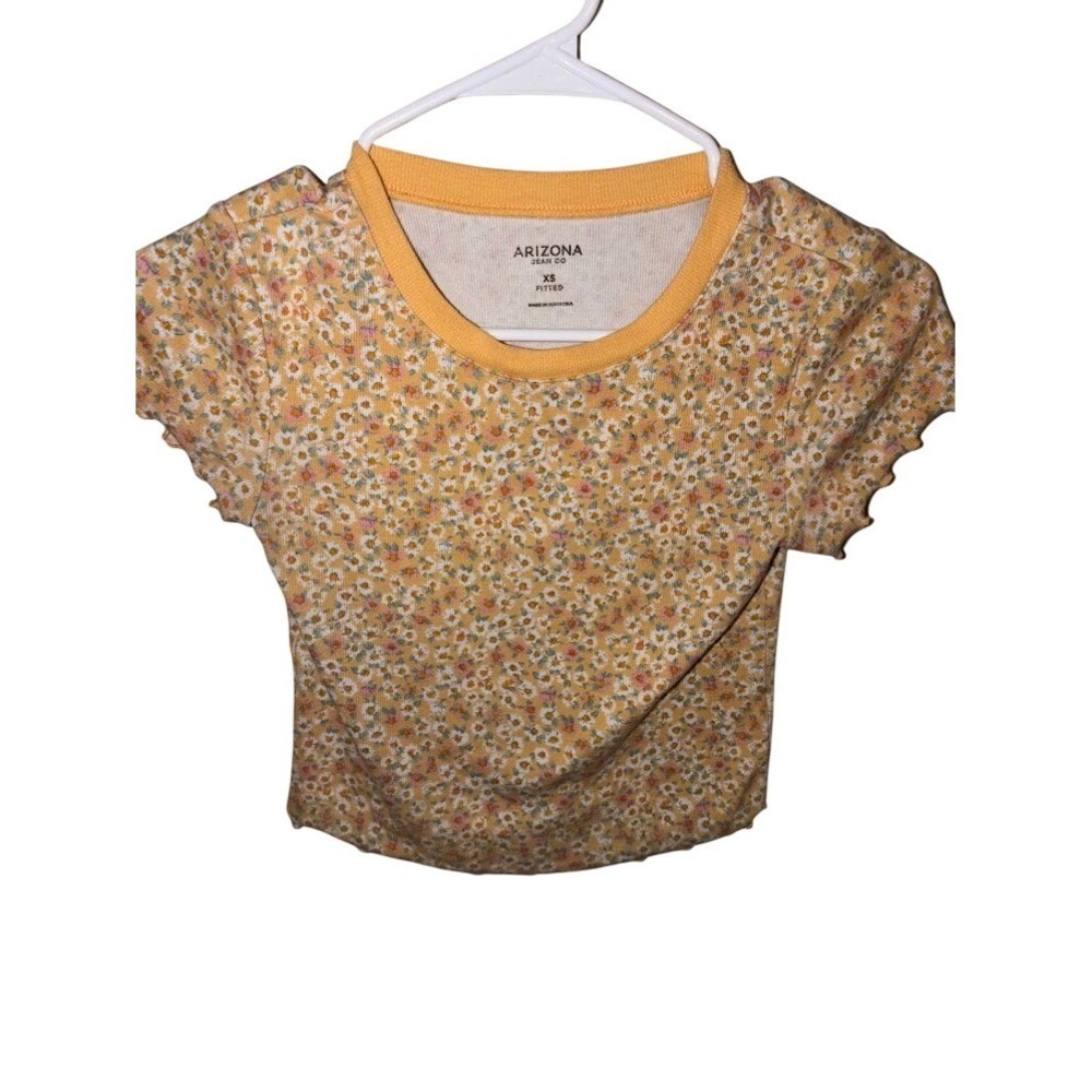 Arizona Jean‎ Co Yellow Floral Baby tee Crop Top XS Fitted Lettuce Edge